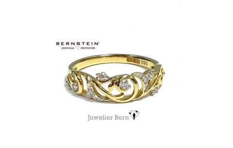 Bernstein Ring, 14krt.goud met diamant totaal 0,10ct. (maat 17,5) - 24441