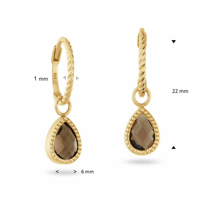 Jackie Oorringen, 14krt.goud "Amstel Smoky Quartz Hoops" (1x10mm.) - 24453 Jackie Oorringen, 14krt.goud "Amstel Smoky Quartz Hoops" (1x10mm.) - 24453
