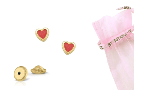 BY NIKKI Oorknoppen, 14krt.goud hart rood emaille (4,5mm.) - 24484