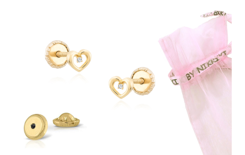 BY NIKKI Oorknoppen, 14krt.goud hart met diamant (4,5mm.) - 24485