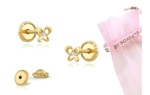 BY NIKKI Oorknoppen, 14krt.goud vlinder met diamant (4mm.) - 24486