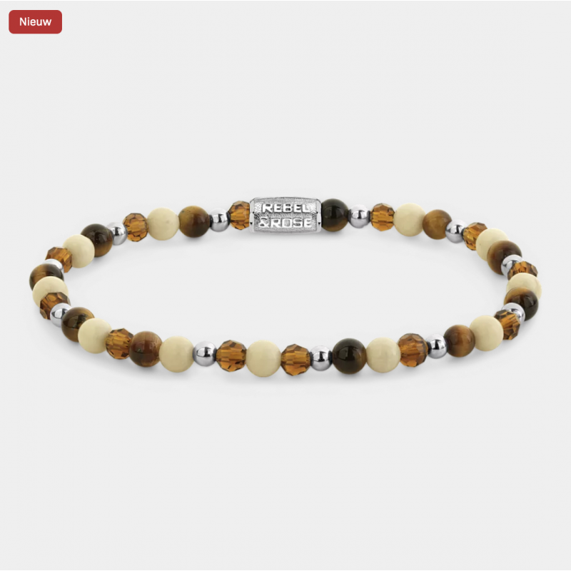 Rebel and Rose Armband "Autumn Love Glam Rocks Silver" met Fossil, Tijgeroog, Hematiet, Glas Rock (maat S: 16,5cm) - 24526 Rebel and Rose Armband "Autumn Love Glam Rocks Silver" met Fossil, Tijgeroog, Hematiet, Glas Rock (maat S: 16,5cm) - 24526