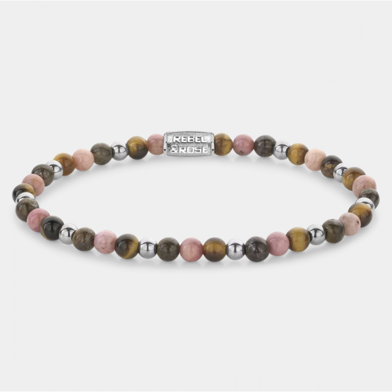 Rebel and Rose Armband "Winter Glow" met Tijgeroog, Rhodochrosiet, Bronziet (maat S: 16,5cm) - 24528