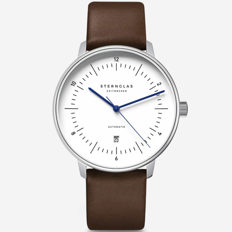 Sternglas Naos XL Automaat horloge met witte wijzerplaat en donkerbruine leren band