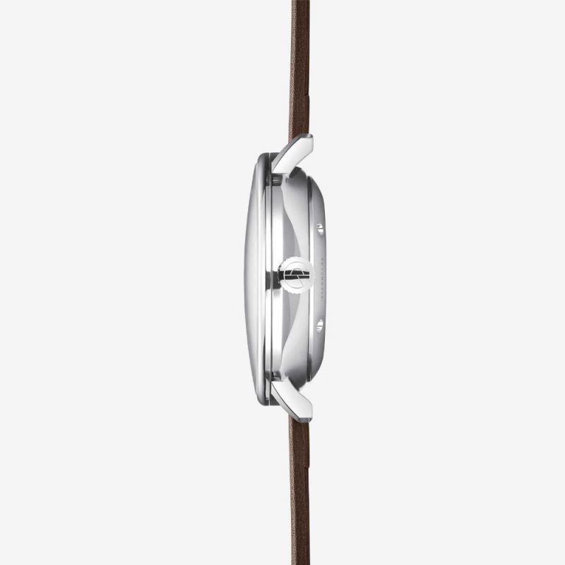 Sternglas Naos XL Automaat horloge met witte wijzerplaat en donkerbruine leren band