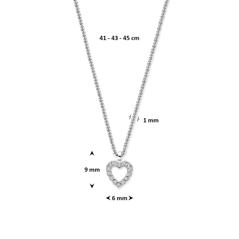 Collier, zilver gerhodineerd met hart en zirkonia hartje (lengte: 41-45cm.) - 24612