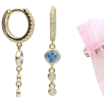 BY NIKKI Oorringen, zilver verguld met blauw/wit zirkonia hanger  (diameter: 10mm.) - 24721