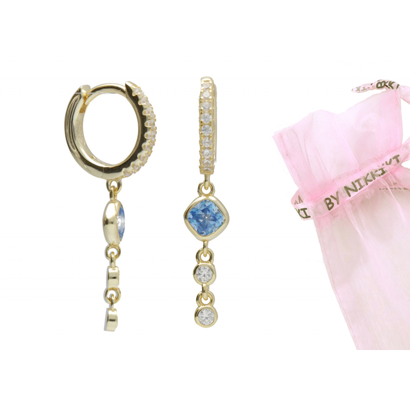 BY NIKKI Oorringen, zilver verguld met blauw/wit zirkonia hanger  (diameter: 10mm.) - 24721