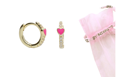 BY NIKKI Oorringen, zilver verguld met zirkonia en roze hart (diameter: 10mm.) - 24722