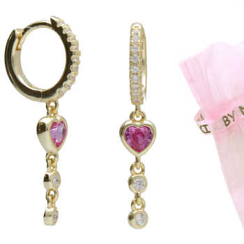 BY NIKKI Oorringen, zilver verguld met roze harthanger  (diameter: 10mm.) - 24723