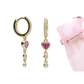 BY NIKKI Oorringen, zilver verguld met roze harthanger  (diameter: 10mm.) - 24723