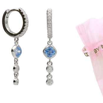 BY NIKKI Oorringen, zilver met blauw/wit zirkonia hanger  (diameter: 10mm.) - 24724