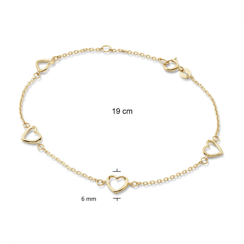 Armband, 14krt.goud met hartjes (lengte: 17-19cm.) - 24764