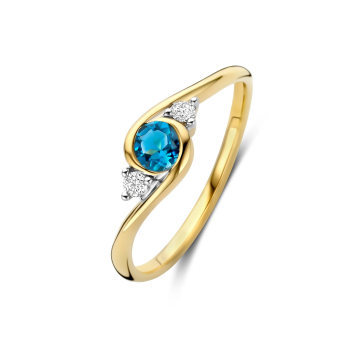 Bernstein Ring, 14krt.goud met topaas en diamant 0,06ct. (maat 18) - 24884