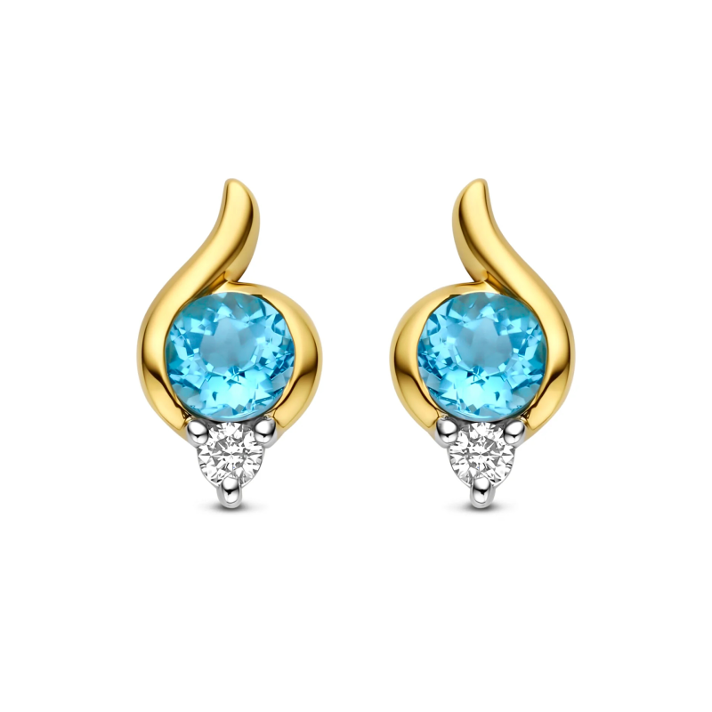 Bernstein Oorknoppen, 14krt.goud met topaas en diamant totaal 0,06ct. - 24886