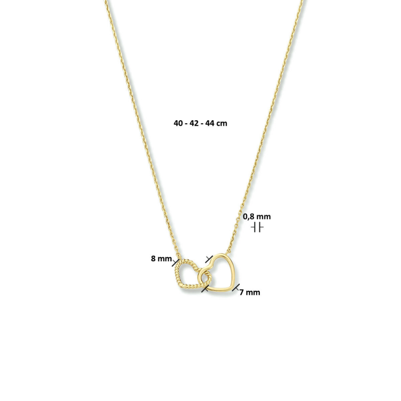 Collier, 14krt.goud twee hartjes (lengte verstelbaar:40-42-44cm.) - 24973