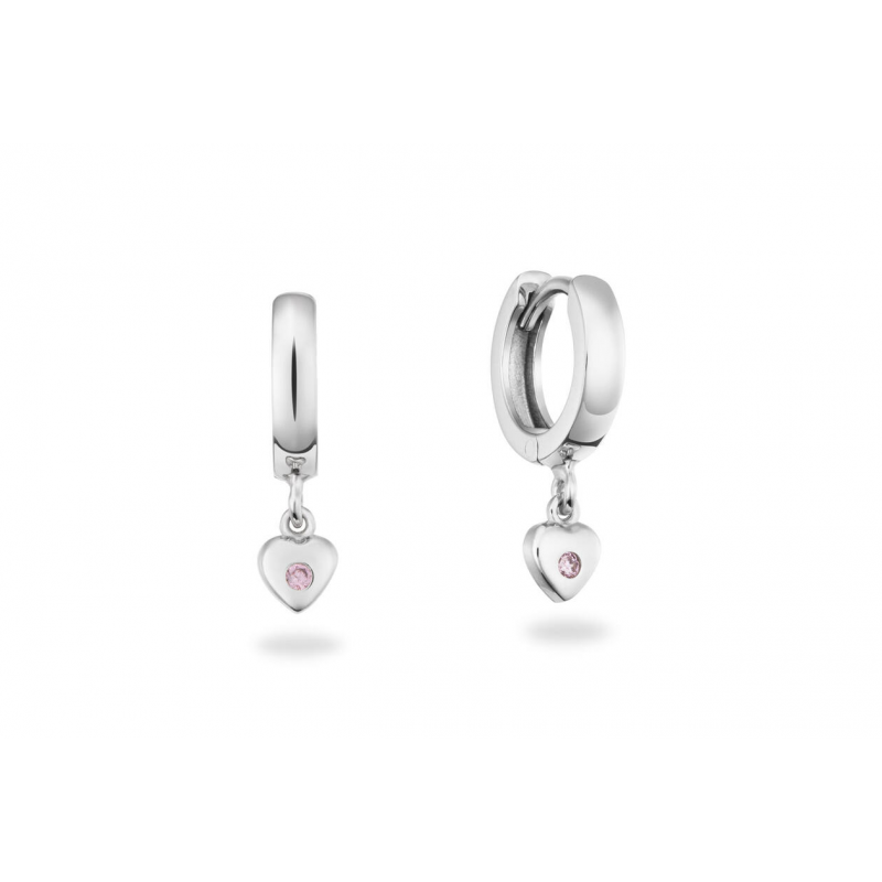 Oorringen, zilver gerhodineerd hart met roze zirkonia (10x2,5mm.) - 25046