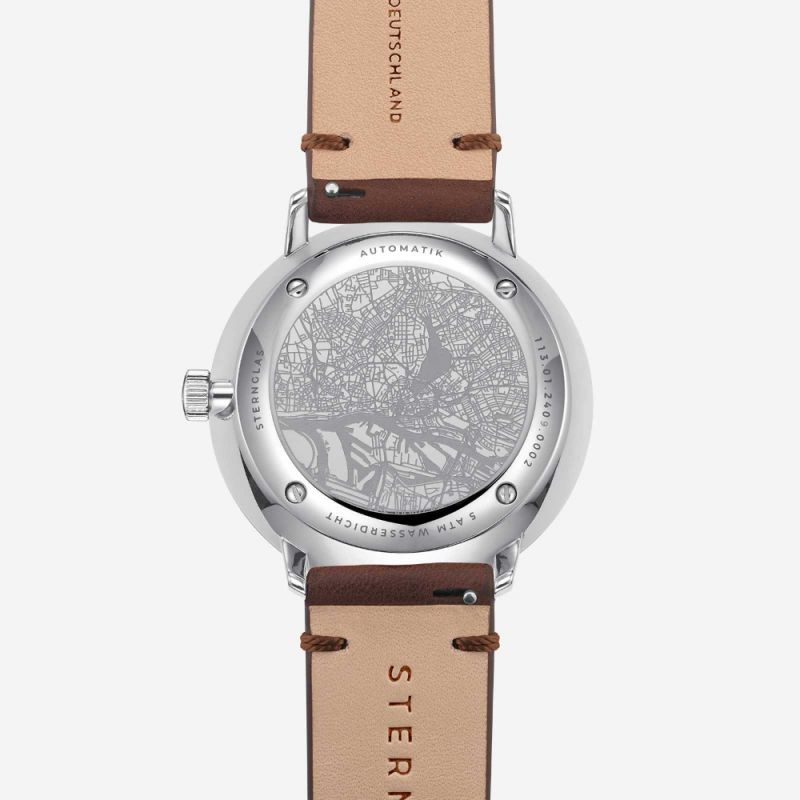 Sternglas Hamburg Automatik horloge met zilverkleurige wijzerplaat en bruine leren band