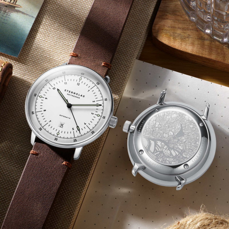 Sternglas Hamburg Automatik horloge met zilverkleurige wijzerplaat en bruine leren band
