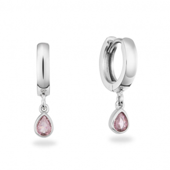 Oorringen, zilver gerhodineerd met roze zirkonia (9x2,3mm.) - 25085
