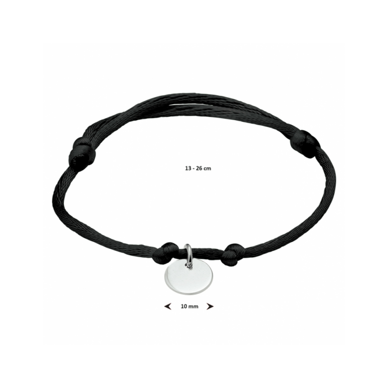 Armband, zwart satijn met zilver rondje (lengte: verstelbaar 13-26cm.) - 23276