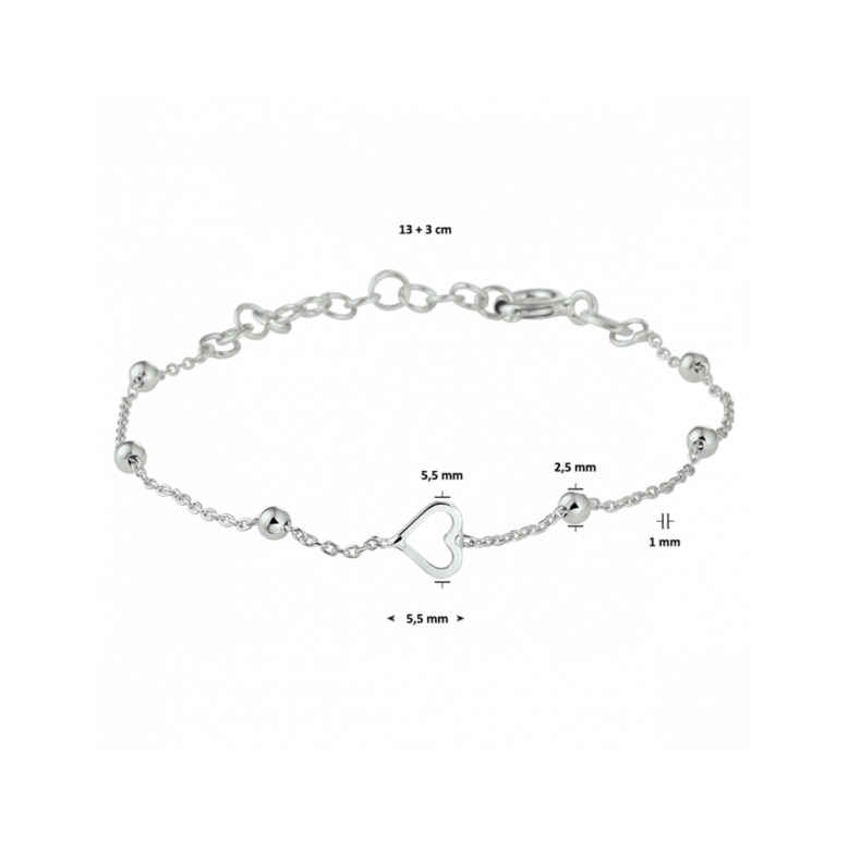 Armband, zilver gerhodineerd met hart (13-16cm.) - 23422