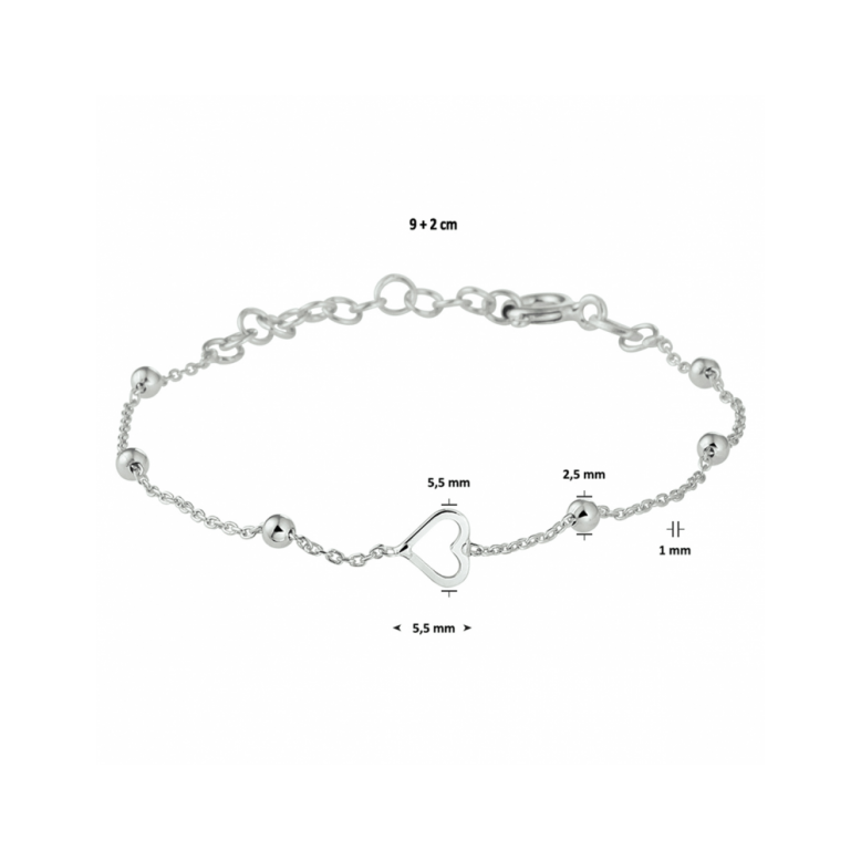 Armband, zilver gerhodineerd met hart (13-16cm.) - 23422