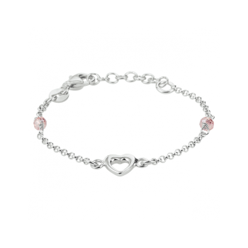 Armband, zilver met hart en roze kraal(lengte: 11-13cm.) - 22779