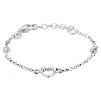 Armband, zilver met hart en roze kraal(lengte: 11-13cm.) - 22779