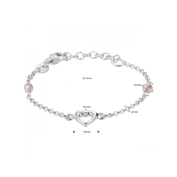Armband, zilver met hart en roze kraal(lengte: 11-13cm.) - 22779