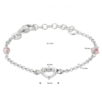 Armband, zilver met hart en roze kraal(lengte: 11-13cm.) - 22779