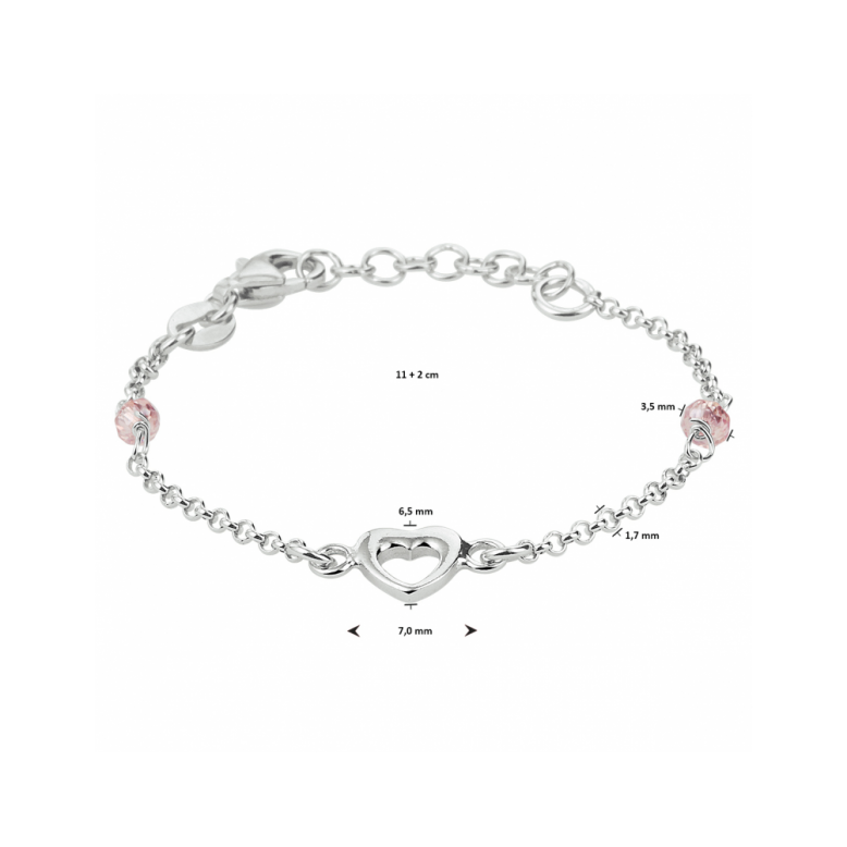 Armband, zilver met hart en roze kraal(lengte: 11-13cm.) - 22779