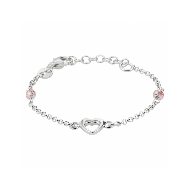 Armband, zilver met hart en roze kraal(lengte: 11-13cm.) - 22779