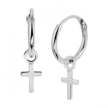 Oorringen, zilver gerhodineerd met kruisje (12mm.) - 23323