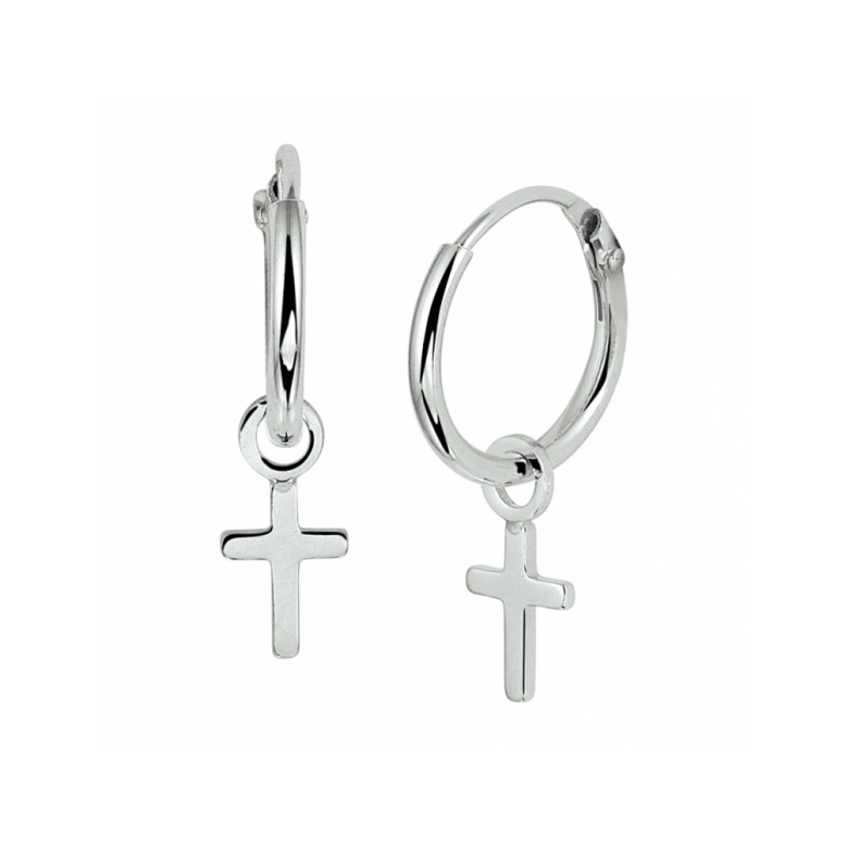 Oorringen, zilver gerhodineerd met kruisje (12mm.) - 23323