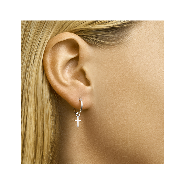 Oorringen, zilver gerhodineerd met kruisje (12mm.) - 23323