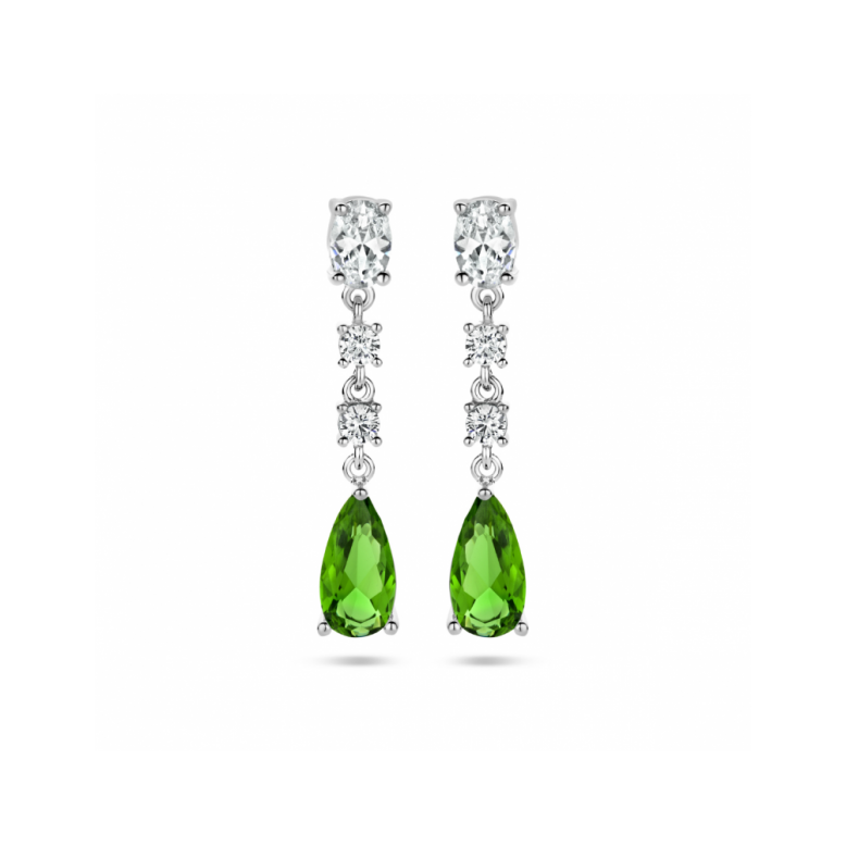 Oorhangers, zilver gerhodineerd met wit en groen zirkonia (3cm.) - 22434