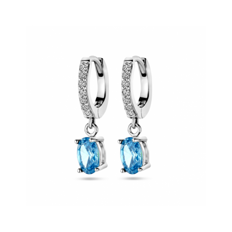 Oorringen, zilver gerhodineerd blauw en wit zirkonia (11x2mm.) - 24286
