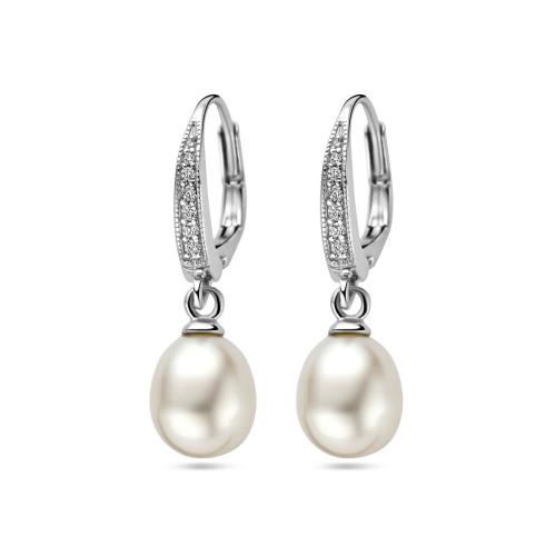 Oorhangers, zilver gerhodineerd met zirconia en parel (parel: 8x10) - 13142