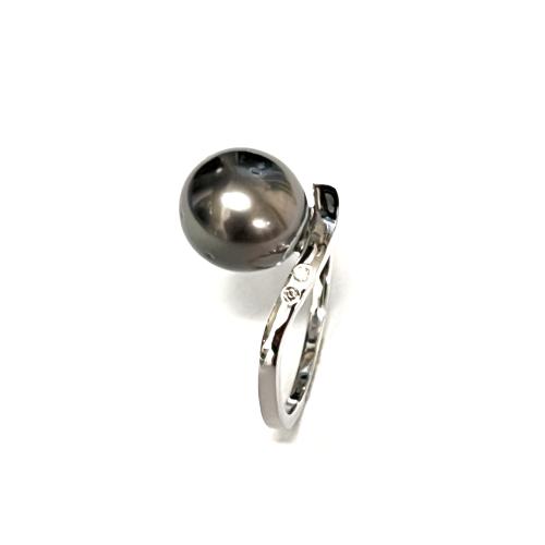 Ring, 18krt.witgoud met tahiti-parel 9mm. en diamant 0,01ct.(maat 16) - 13301