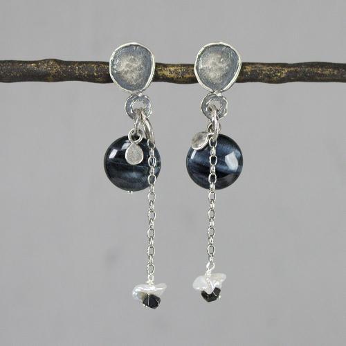 Jeh Jewels Oorhangers, zilver/oxie tijgeroog/zoetwaterparel model 20232 (7cm.) - 20061