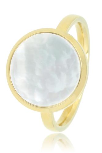 My Bendel Ring, edelstaal verguld. Met parelmoer steen van 12mm (maat 16). - 21144