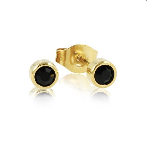 My Bendel Oorknopjes, edelstaal verguld. Met Zwart Zirkonia steentje (4mm). - 21334