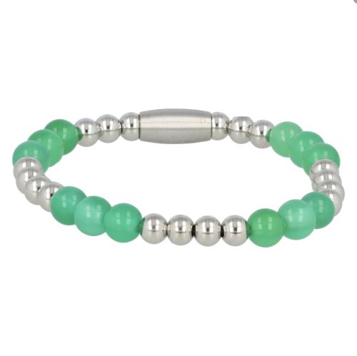 My Bendel Armband, Elastische Edelstalen Kralenarmband met groene Agaat (17cm). - 21416