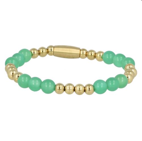 My Bendel Armband, Elastische Edelstaalvergulde Kralenarmband met groene Agaat (19cm). - 21419