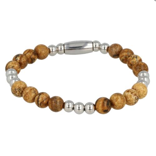 My Bendel Armband, Elastische Edelstalen Kralenarmband met Picture Jasper Edelsteen (17cm). - 21432