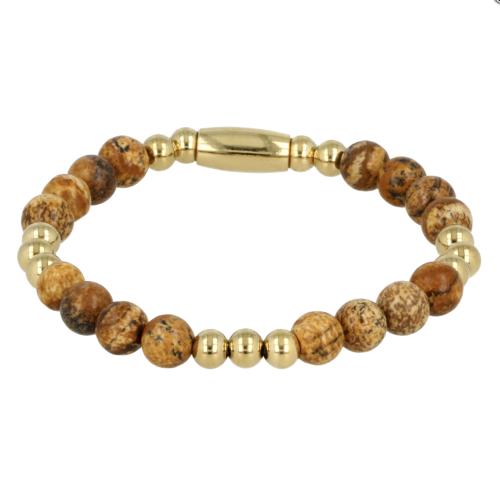 My Bendel Armband, Elastische Edelstaal-verguld Kralenarmband met Picture Jasper Edelsteen (17cm). - 21434