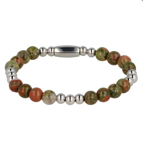 My Bendel Armband, Elastische Edelstalen Kralenarmband met Unakite Edelsteen (17cm). - 21440