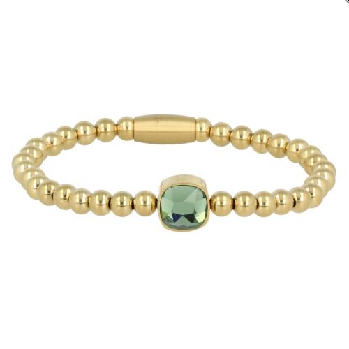 My Bendel Armband, Elastische Edelstaal-vergulde armband met  Groen Kristalglas bedel (19cm). - 21460