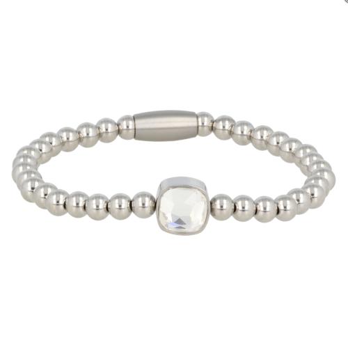 My Bendel Armband, Elastische Edelstalen armband met  Wit Kristalglas bedel (19cm). - 21464